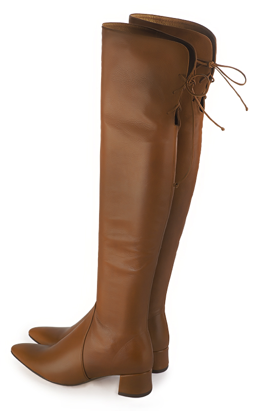 Caramel brown women's leather thigh-high boots. Tapered toe. Low flare heels. Made to measure. Rear view - Florence KOOIJMAN